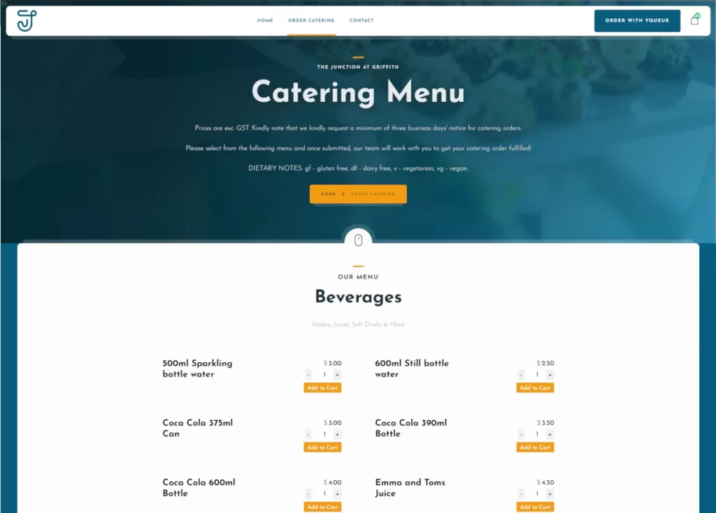The Junction Cafe Catering menu page