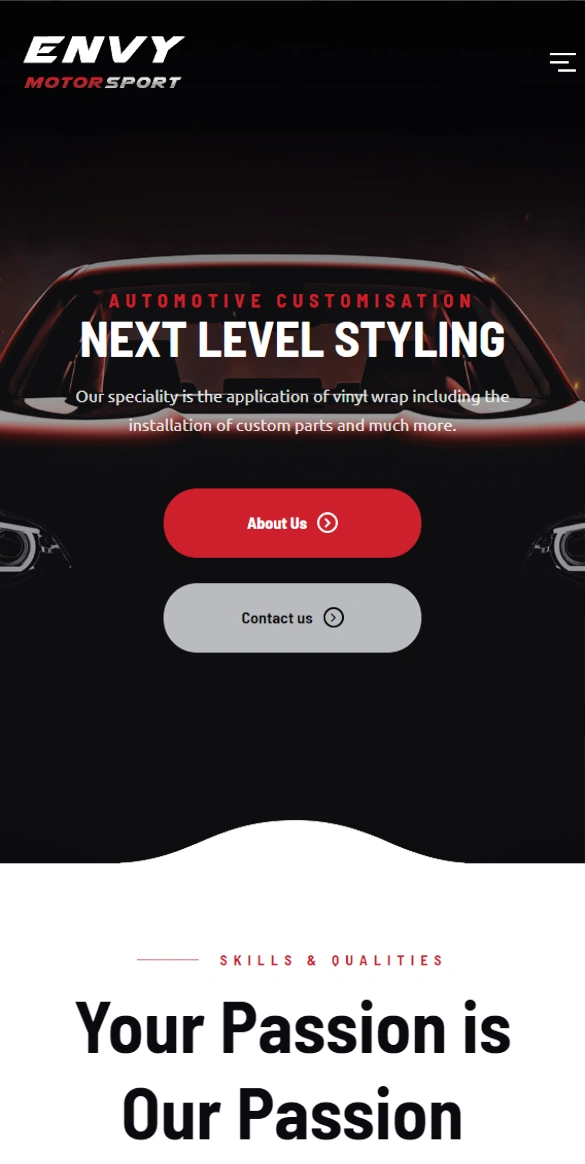 Envy Motorsport website in mobile view